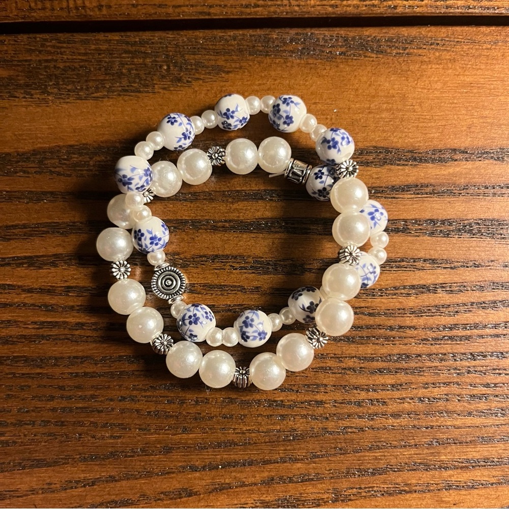 Handcrafted White and Blue Pearl Bead Bracelet Set